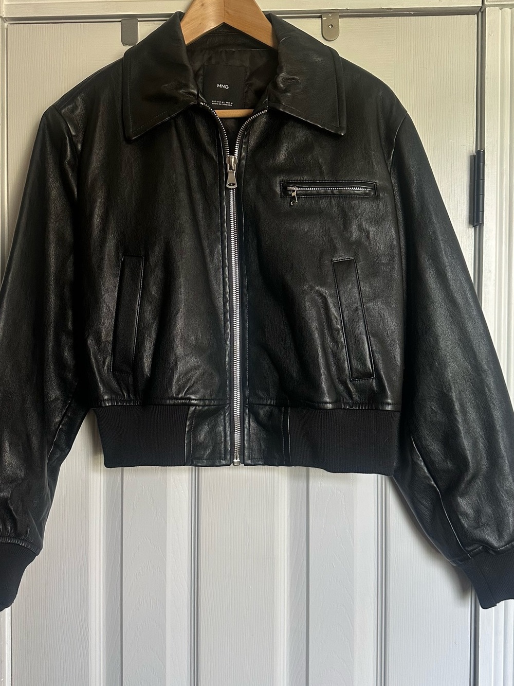 Mango Black Leather like Bomber Jacket with Zip Pocket